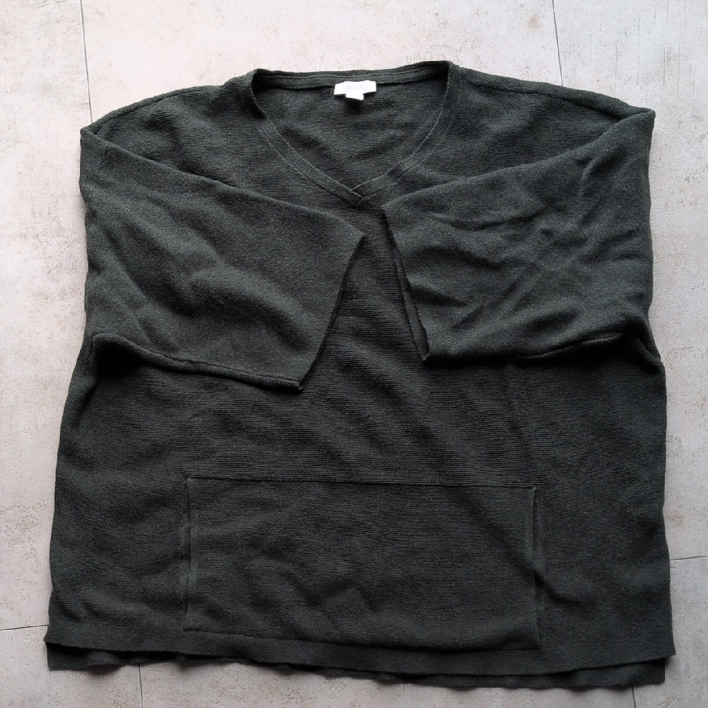 Pure Jill Women's Dark Green V-Neck Sweater With Kangaroo Pocket